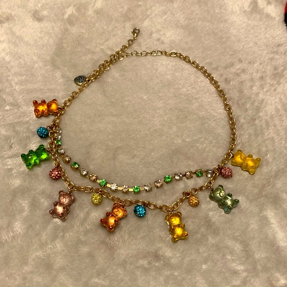 Betsey Johnson Teddy Bear Gummy Bear Rhinestone Gold Chain Necklace